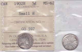 1902h Iccs Ms62 5 Cents Small H Canada Five Silver Fishscale photo