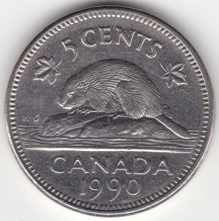 1990 Canada 5c Coin - Large Sized Bare Belly Beaver Variety photo