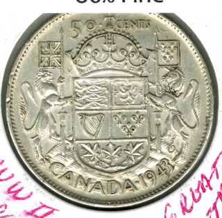 1943 Canada Queen Elizabeth Silver Half Dollar.  800 Fine Coat Of Arms Ww Ii Coin photo