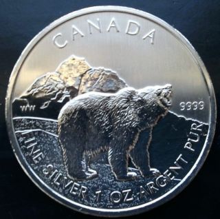 2011 1 Oz Silver Grizzly Bear Canadian Wildlife Series Canada $5 Coin.  G121 photo