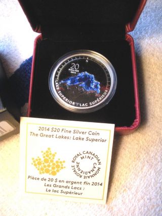Canada 2014 Lake Superior 1 Oz.  Pure Silver $20 Proof Enameled - Mintage: 10,  000 photo
