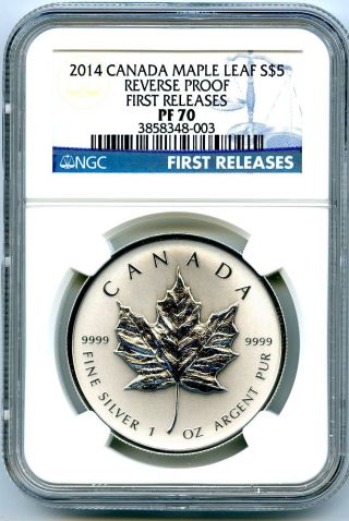 2014 $5 Canada Silver Maple Leaf Ngc Pf70 Reverse Proof 1 Oz First Releases photo