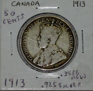 Vintage 1913 Canada 50 Cent Coin;.  925 Silver.  3456 Asw photo