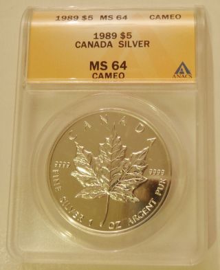 1989 Canada Silver 5 Dollar Maple Leaf Ms 64 Cameo Authenticated (n 0128) photo