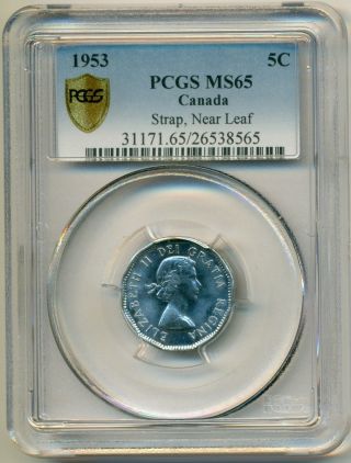 Canada 1953 5 Cents Sf Nl Shoulder Fold Near Leaf Pcgs Secure Ms65 Post photo