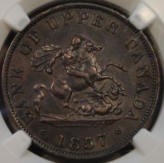 Province Of Canada Upper Canada 1857 Half Penny Token Pc - 5d Ngc Au - 55 photo