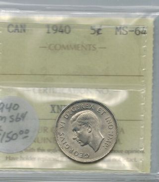 Canada 1940 5 Cent Nickel Unc Iccs Ms 64 photo