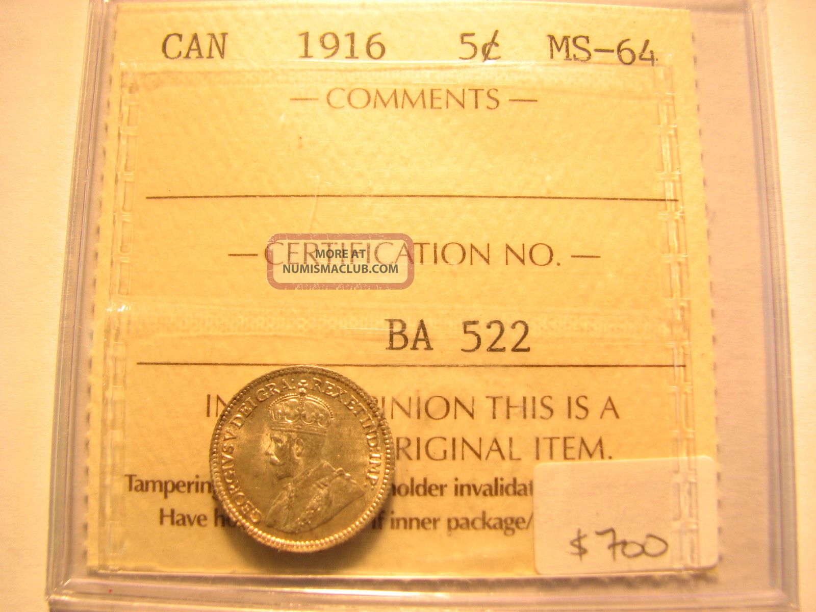 1916 Canada Five Cent Unc Iccs Ms - 64 Coins: Canada photo
