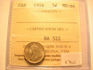 1916 Canada Five Cent Unc Iccs Ms - 64 photo