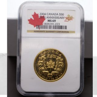 2004 Canadian 1oz Fine Gold Maple Leaf 25th Anniversary $50 Coin Ms69 photo