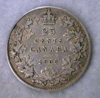 Canada 25 Cents 1909 Very Fine Silver Coin (cyber 987) photo