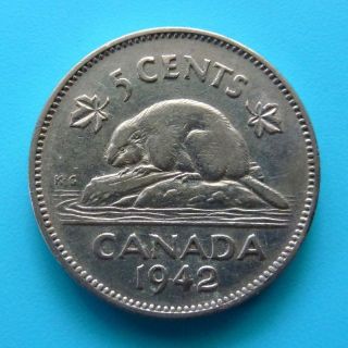 Wwii Era 1942 Canadian 5 Cents Coin In Exc photo