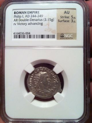 Philip I Ad 244 - 249 Ar Double - Denarius Rv Victory Advancing Ngc Au Ancient Coin photo