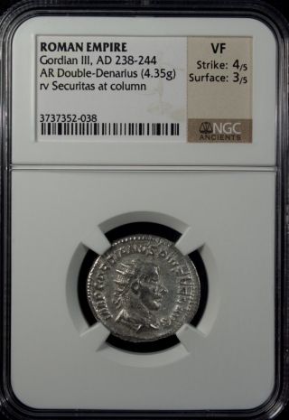 Roman Empire Gordian Iii Ad 238 - 244 Ar Double - Denarius Ngc Vf Silver photo