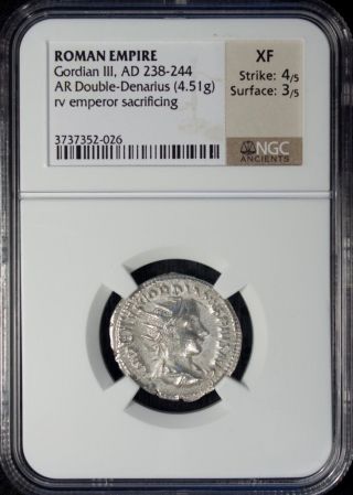 Ad 238 - 244 Roman Empire Gordian Iii Ar Double - Denarius Ngc Xf Silver photo