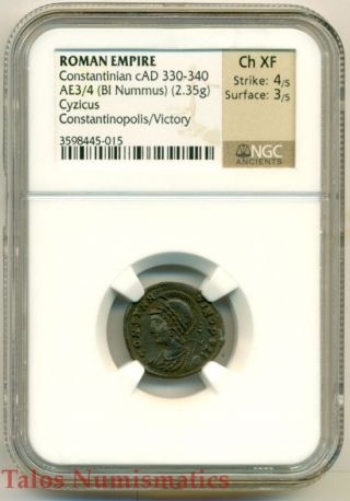 Roman Empire Constantinian (330 - 340 Ad) Ae3/4 Bi Nummus Cyzicus Ch Xf Ngc photo