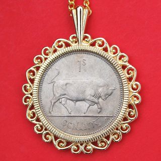 1964 Irish 1 Shilling Bull Bu Coin Gold Plated Necklace - World Animal photo