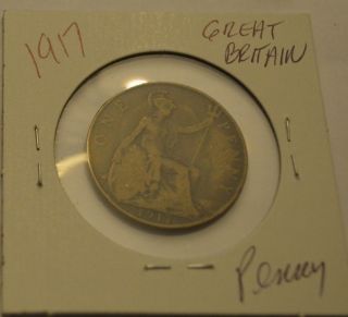 1917 Old Great Britain Penny - 100% Bronze 10 Grams - Great Shape And Toning photo