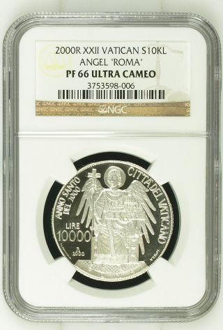 2000 Xxii Vatican 10000 Lira Pope Paul Ii Ngc Pf66 Uc Silver Coin Angel Roma photo
