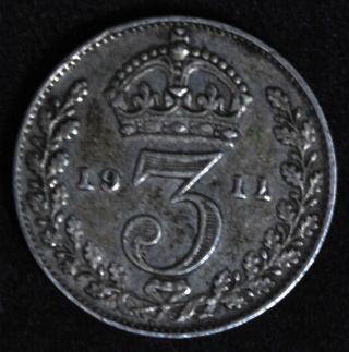1911 - 3 Pence Silver Coin - Threepence - Great Britain United Kingdom 3d photo