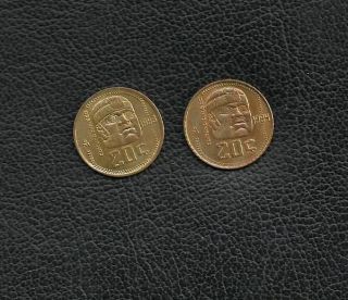 (2) Bronze 20 Centavos Mex 