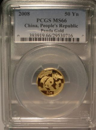2008 China Chinese Panda Gold Pcgs Ms66 50 Yuan 1/10 Oz.  999 Fine Gold photo