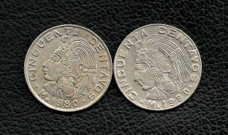 (2) 50 Centavos Cuauht 1980 Narrow Date Square 9 & Wide Date Round 9 Sh photo