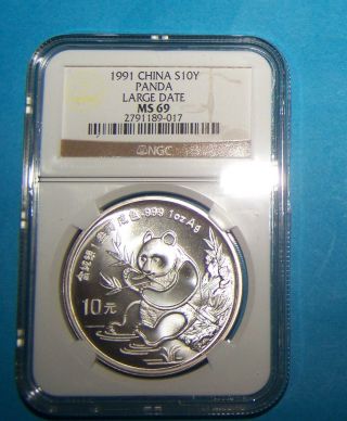 1991 China Silver 10 Yuan Large Date Panda,  Ngc Ms 69 photo