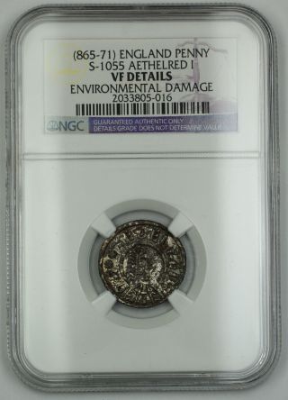 865 - 71 England Penny Silver Coin S - 1055 Aethelred I Ngc Vf Dtls Env Dmg Akr photo