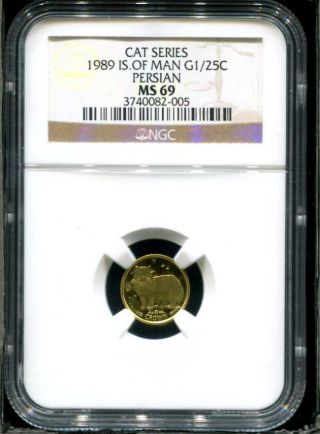 1989 Isle Of Man Cat Series Gold 1/25 Crown Persian Ngc Ms - 69.  999 Fine Gold photo