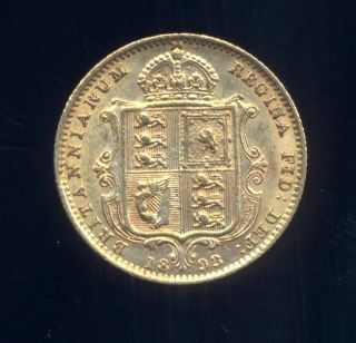 1893 Uk Gold Half 1/2 Sovereign Shield Victoria Queen Km 766 Great Britain photo