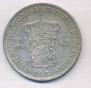 Netherlands 1932 Silver Crown 2 1/2 Gulden Wilhelmina Km 165 photo