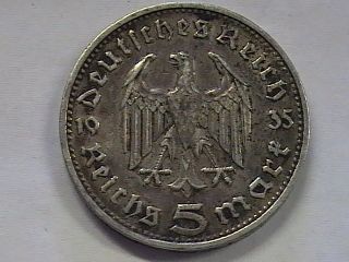 Rare 1935 D Ww2 5 Mark 90% Silver German Hindenburg - Eagle Reichsmark Coin photo