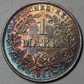 1911 - G Au+ 1 Mark (kaiser Reich) Rare Key Date Karlsruhe (g) Wwi Coin photo