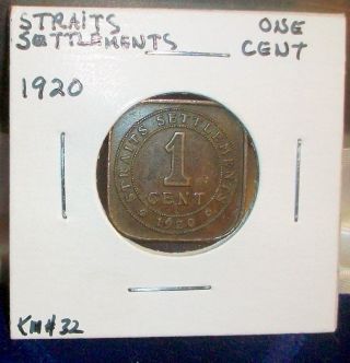 1920 Straits Settlements One Cent Coin Ex.  Scarce Km 32 Bronze 21mm Look/bid photo