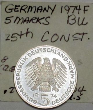 Coin World Germany 5 Marks 1974 F 25th Annv Const.  Unc photo