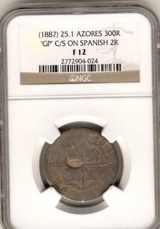 Azores Portugal 300 Reis 1887 C/s Spanish 2 Reales Ngc Certified (cyber 339) photo