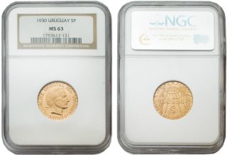Uruguay 1930 5 Pesos Ngc Ms63 photo