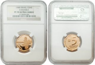 Israel 1988 Caesara 5 Sheqalim Gold Coin Ngc Pf70 photo