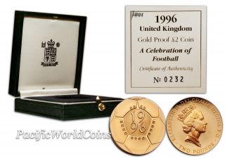 Great Britain 1996 Football Two Pound Gold Proof Coin & photo