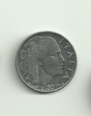1943 Italy 20 Centesimi Coin Xxi R Stainless Steel,  Reeded Edge Km 75b photo