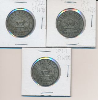 (2) 1941 1 Shilling East Africa Silver / (1) 1922 1 Shilling East Africa Silver photo