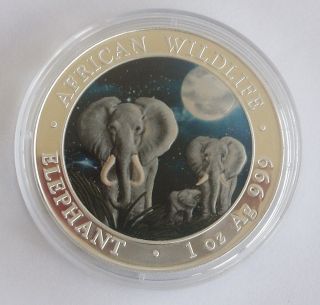 2014 Somalia African Elephant Colorized 1 Oz Silver From Wildlife Series photo
