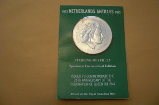 1973 Netherlands Antilles 25 Gulden In Card -.  925 Silver,  Unc photo