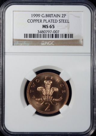 1999 Great Britain 2 Pence Ngc Ms 65 Unc Copper Plated Steel photo