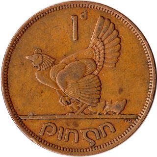 1943 Ireland 1 Penny Coin Hen With Chicks Wwii Km 11 photo