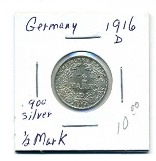 Germany 1/2 Mark 1916 - D, .  900 Silver,  Xf photo