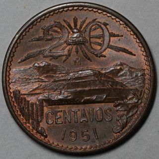 1951 Unc Key Date 20 Centavos Mexico Pyramid Type Coin photo