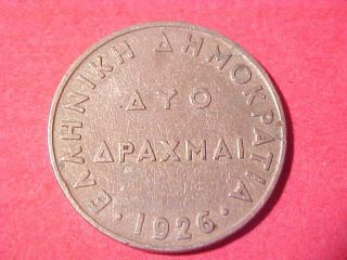 Coin Of The World 1926 Greece Two Drachmai Km - 70 photo