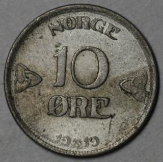 1919 Norway Last Silver 10 Ore Coin (king Haakon Vii) photo